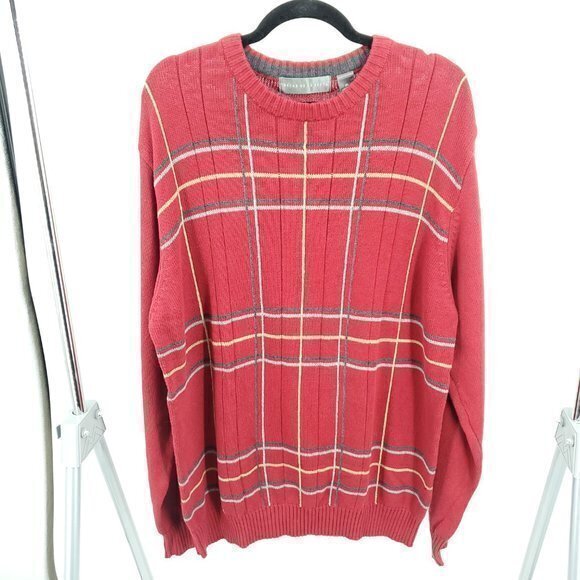 Men's Oscar de la Renta XL Ribbed Red Crew Neck Sweater 100% Cotton - Picture 1 of 16